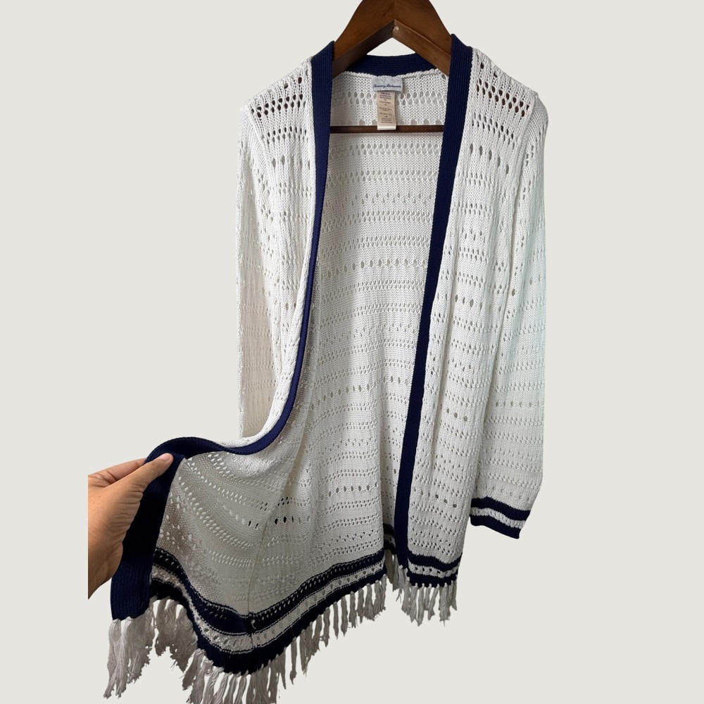 Tommy Bahama Womens Cardigan White Navy Preppy Nautical Fringe Pointelle Large